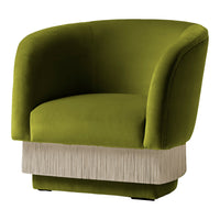 Olive green velvety armchair with a textured beige fringe base, perfect for adding colorful elegance to any space.