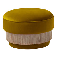 Yellow velvet ottoman with a fringed beige band, adding a pop of color and texture to any decor.
