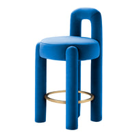 Vibrant blue velvet stool with sleek gold accent, featuring a smooth, modern design and rounded edges.