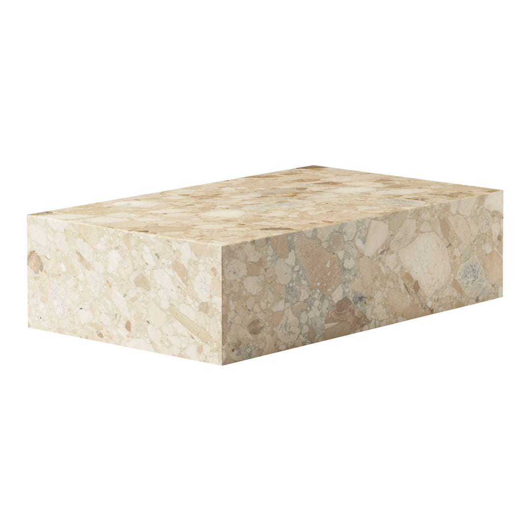 Beige rectangular block with subtle marbled patterns and speckled texture, perfect for modern decor.