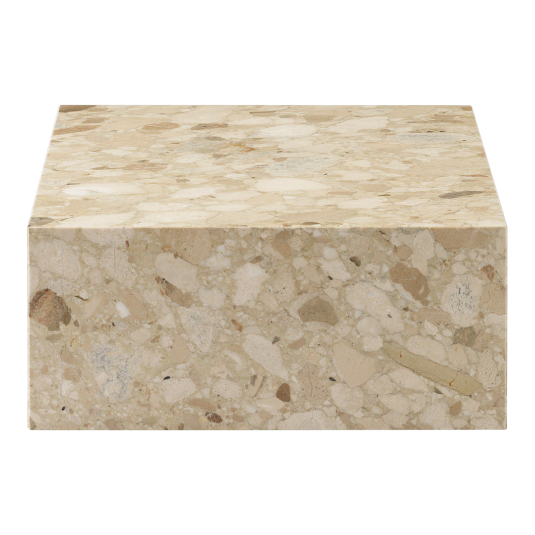 Beige stone block with textured surface featuring light brown and cream speckles, ideal for modern decor.