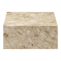 Beige stone block with textured surface featuring light brown and cream speckles, ideal for modern decor.