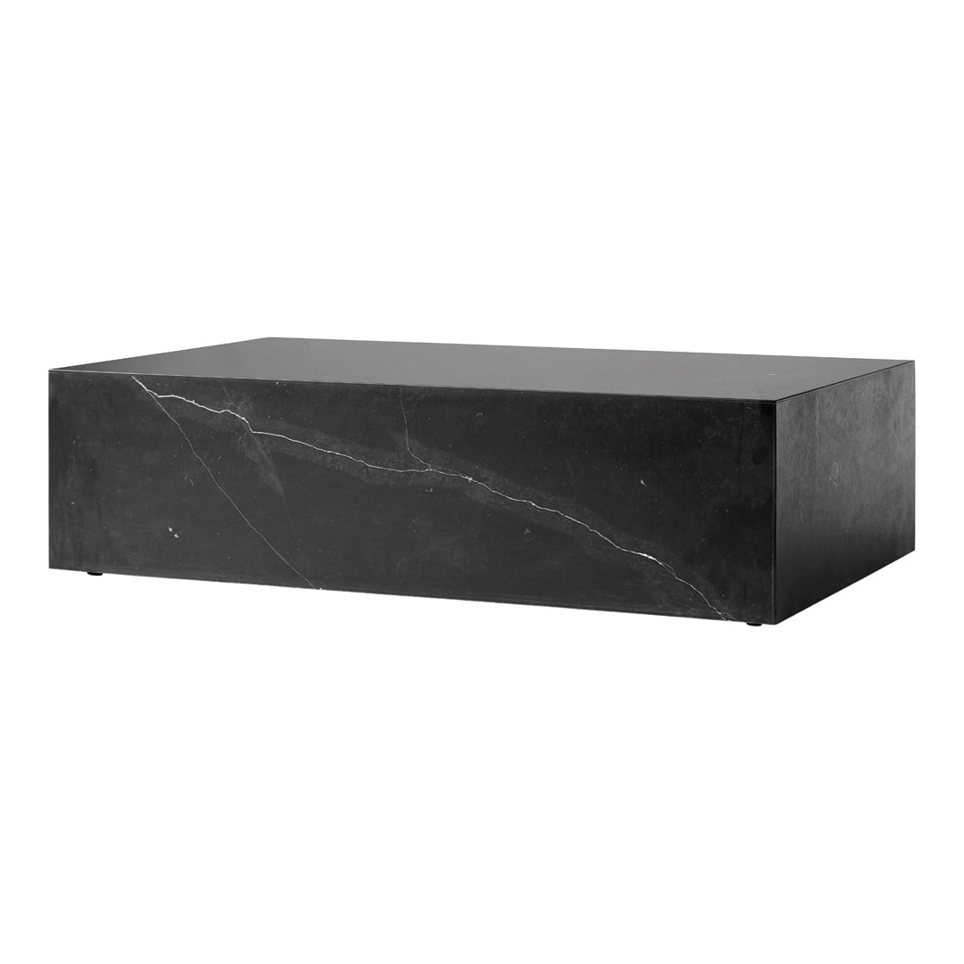 Sleek black coffee table with elegant white veining; modern minimalist design for any living space.