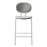 Gray upholstered bar stool with a smooth, rounded back and sleek chrome legs. Modern and minimalist design.