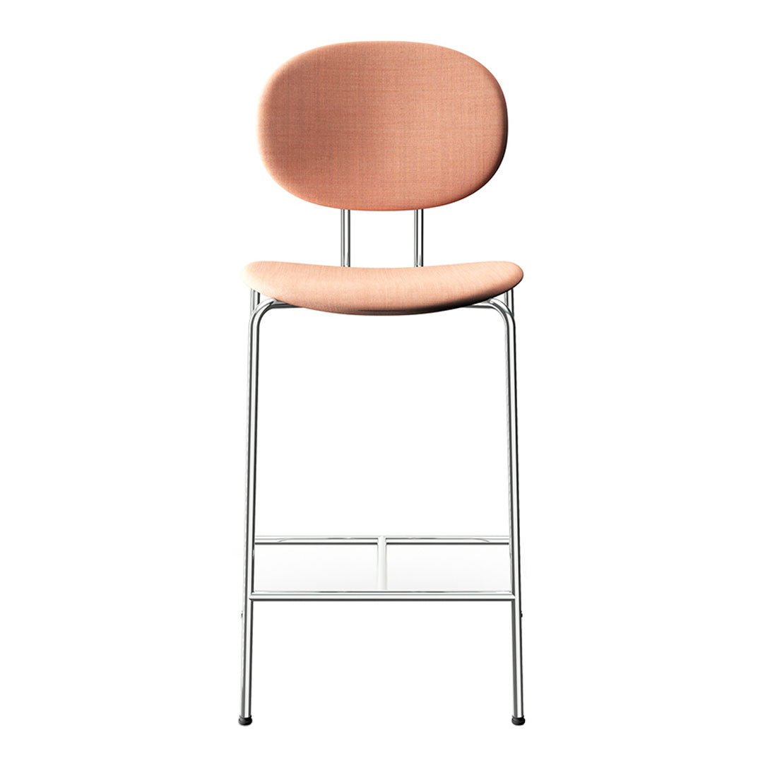 Peach-colored upholstered bar stool with a sleek chrome frame and minimalist design. Perfect for modern interiors.