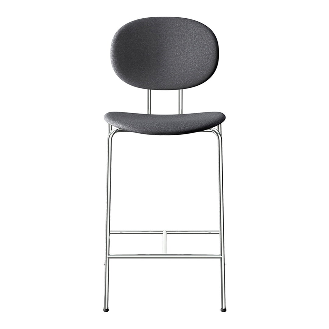 Gray upholstered bar stool with a sleek chrome frame and minimalist design. Perfect for modern spaces.