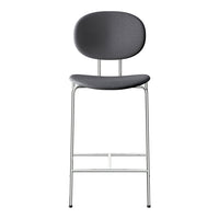 Gray upholstered bar stool with a sleek chrome frame and minimalist design. Perfect for modern spaces.