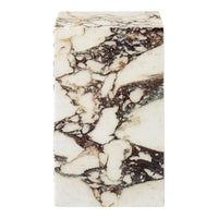 White marble block with striking brown and black veining patterns, perfect for modern decor.