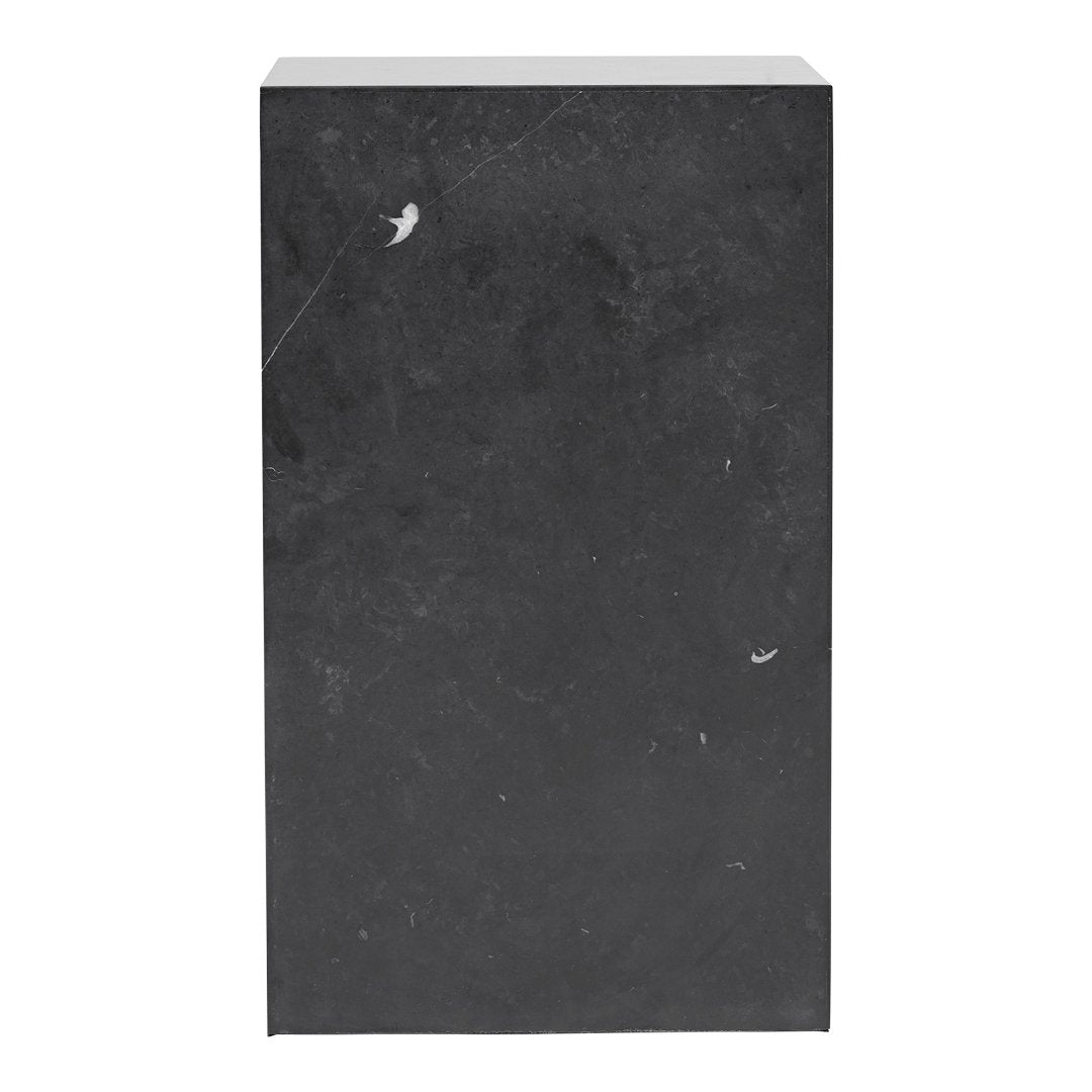 Black stone pedestal with subtle white speckles, featuring a smooth, minimalist finish. Perfect for modern decor.