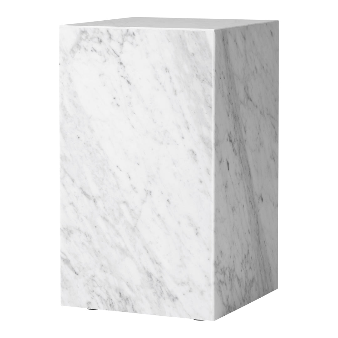 Elegant white marble side table with subtle grey veining and a polished finish, perfect for modern decor.