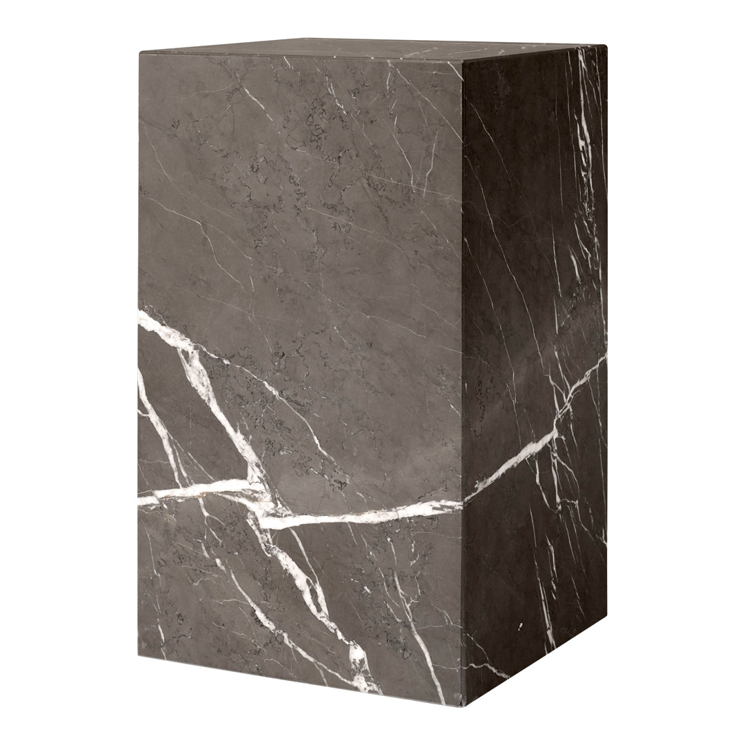 Dark gray marble side table with striking white veining and a modern rectangular design. Perfect for contemporary decor.