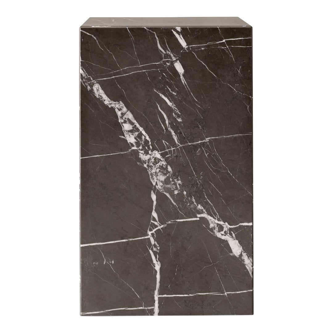 Dark gray marble pedestal with striking white veining and a polished finish. Ideal for modern decor.