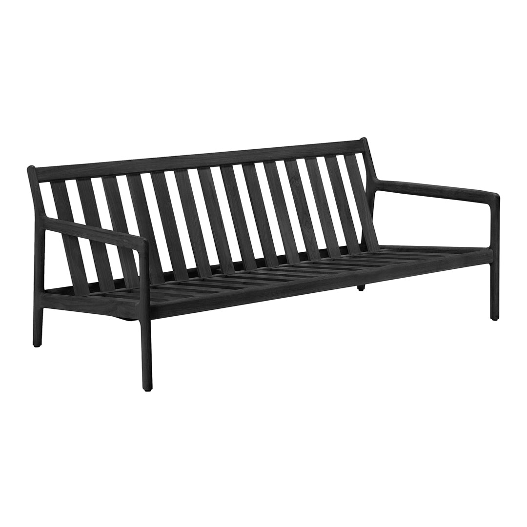 Black modern slatted bench with a sleek, minimalist design and open framework. Ideal for contemporary outdoor spaces.