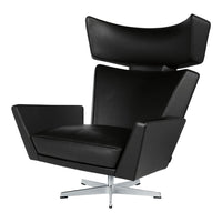 Modern black leather swivel chair with sleek lines and minimalistic design. Perfect for contemporary spaces.