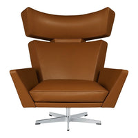 Brown leather armchair with a sleek chrome base and modern geometric design. Perfect for contemporary interiors.