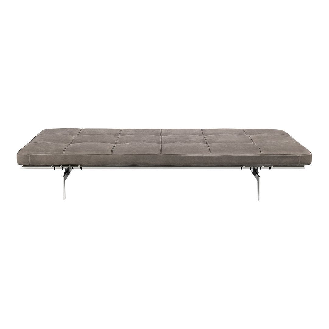 Gray tufted surface with sleek metal legs, ideal for modern decor. Simple, versatile design for any space.