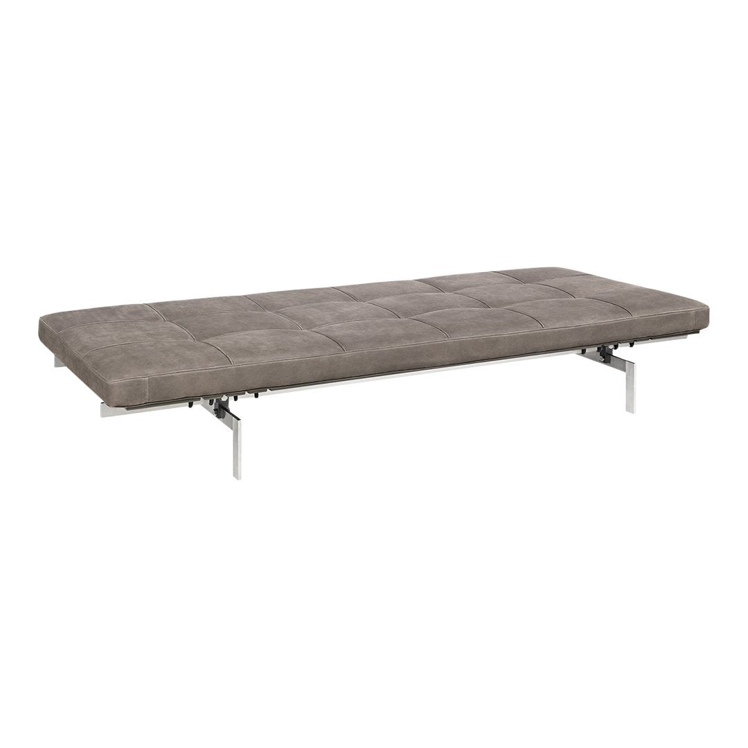 Gray upholstered daybed with a smooth texture and minimalist design, featuring a subtle quilted pattern.