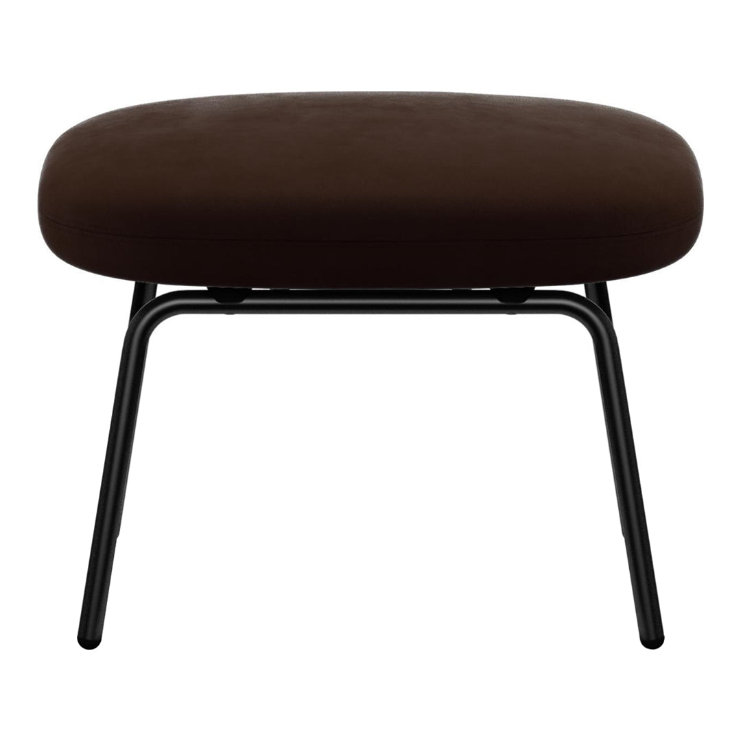 Brown upholstered ottoman with smooth, rounded edges and a sleek black metal frame. Perfect for modern decor.