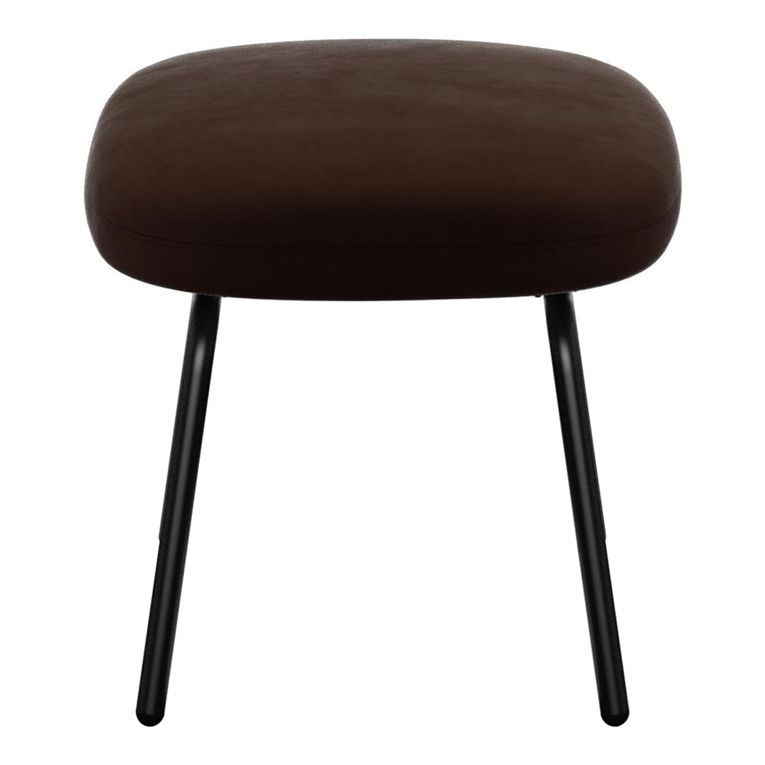 Brown upholstered stool with smooth surface and sleek black metal legs, ideal for contemporary decor.