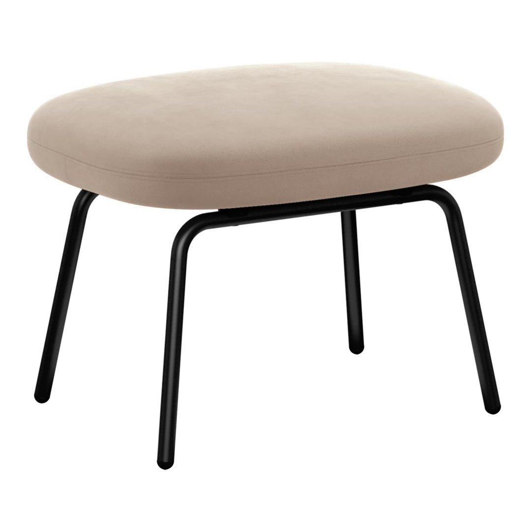 Beige upholstered ottoman with a smooth, rounded cushion and sleek black metal legs, offering a minimalist design.