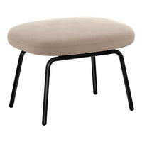 Beige upholstered ottoman with a smooth, rounded cushion and sleek black metal legs, offering a minimalist design.