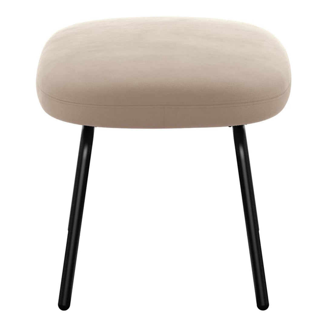 Light beige plush stool with sleek black legs, featuring a minimalist modern design.