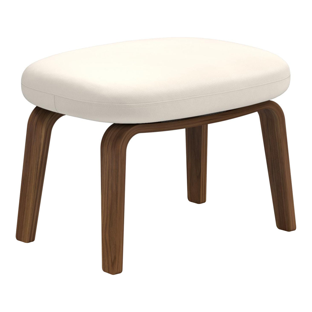 White cushioned top with smooth, rounded edges and rich brown wooden legs. Elegant and modern design for any space.