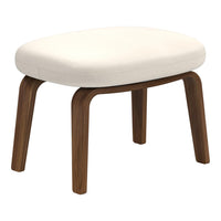 White cushioned top with smooth, rounded edges and rich brown wooden legs. Elegant and modern design for any space.
