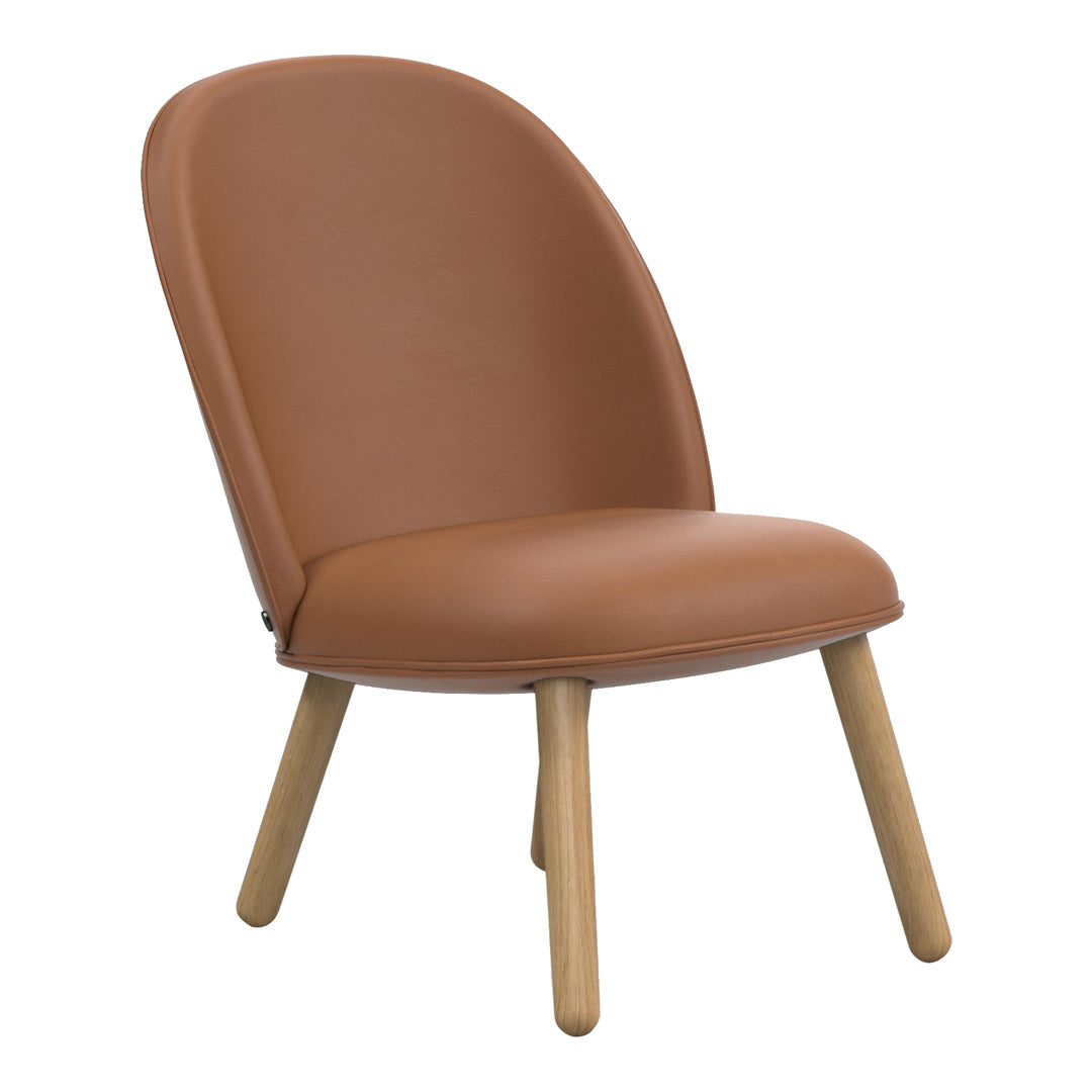 Brown faux leather chair with a smooth, rounded design and natural wood legs, perfect for modern decor.