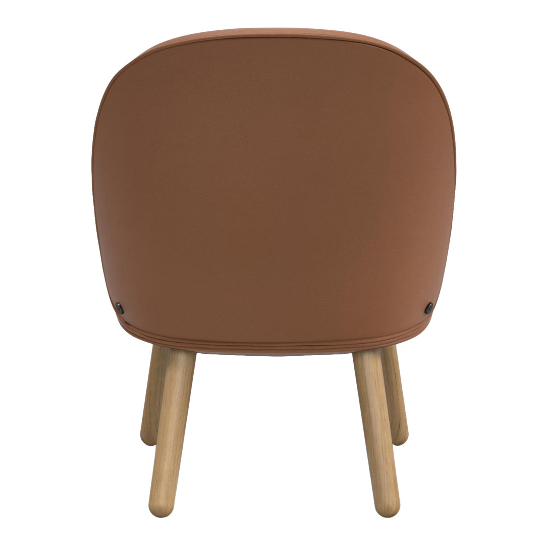 Back view of a brown leather chair with natural wooden legs, featuring a sleek and contemporary design.