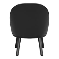 Black padded chair with a smooth, minimalist design and sleek black legs, showcasing a modern aesthetic.