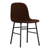 Brown upholstered chair with a sleek black metal frame, featuring a minimalist design. Perfect for modern decor.