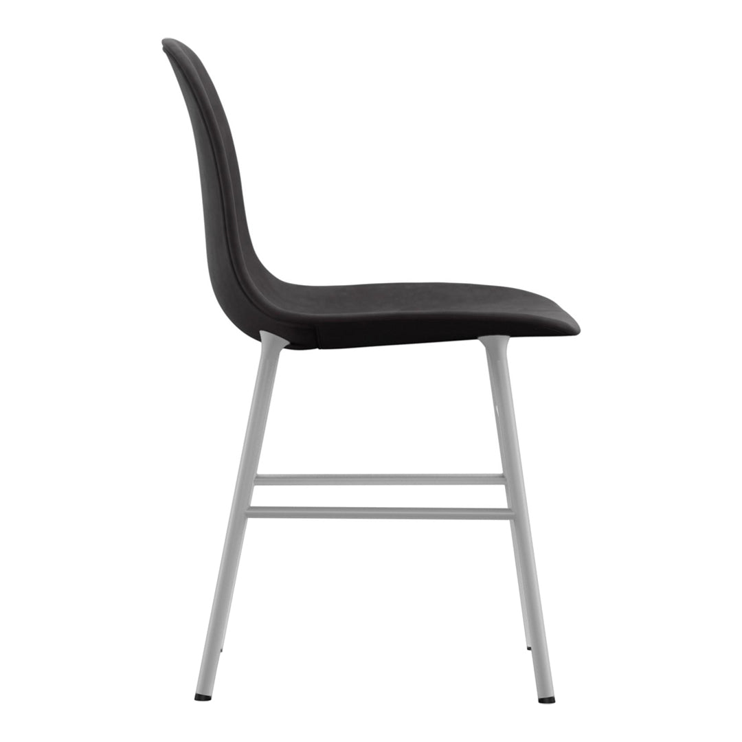 Sleek black upholstered chair with a smooth, curved design and silver metal legs, perfect for modern decor.