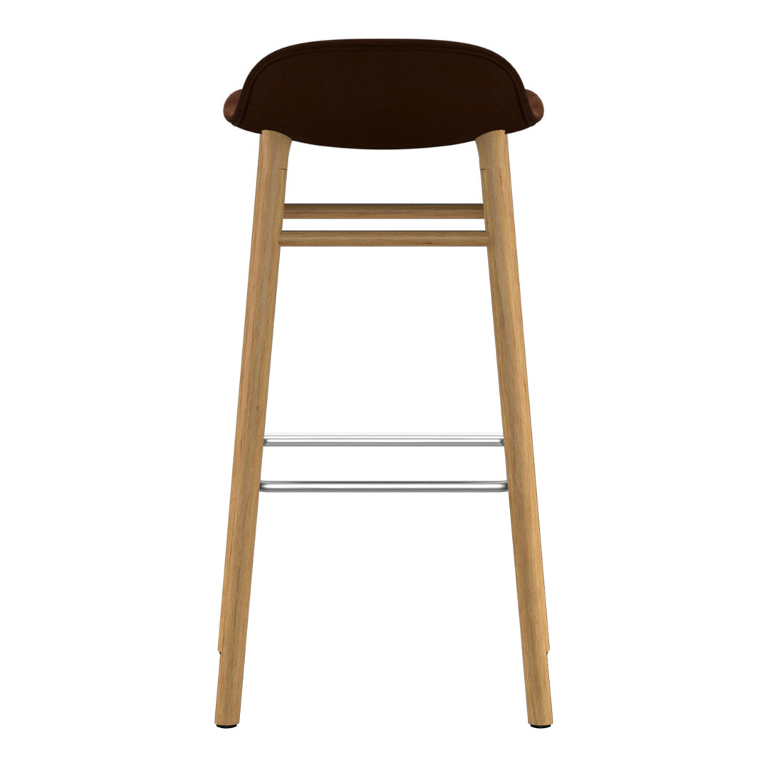 Brown cushioned seat on a natural wood frame with a silver footrest. Modern design, simple and elegant.