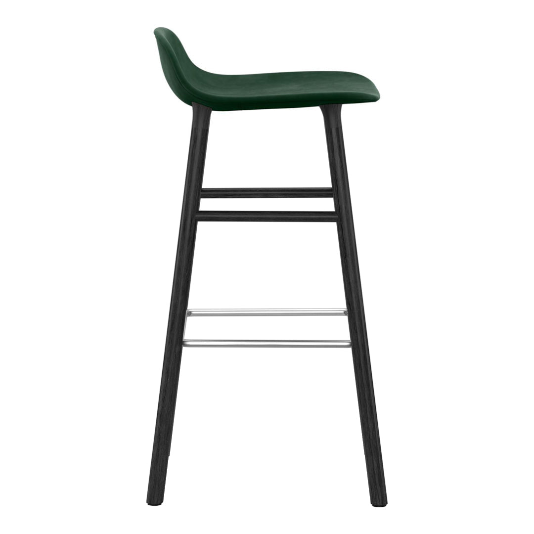 Green upholstered bar stool with a sleek black metal frame and minimalist design. Perfect for modern interiors.