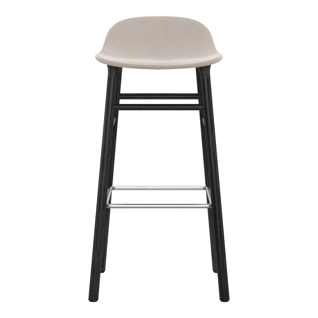 Light gray bar stool with a smooth seat and sleek black legs, featuring a minimalist design. Perfect for modern interiors.