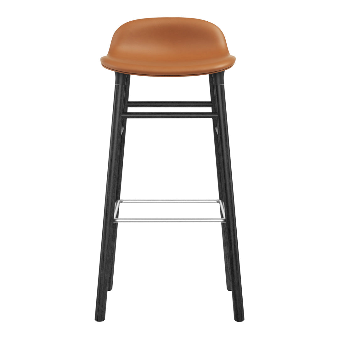 Brown leather bar stool with a sleek black frame and silver footrest. Modern, minimalist design for any space.