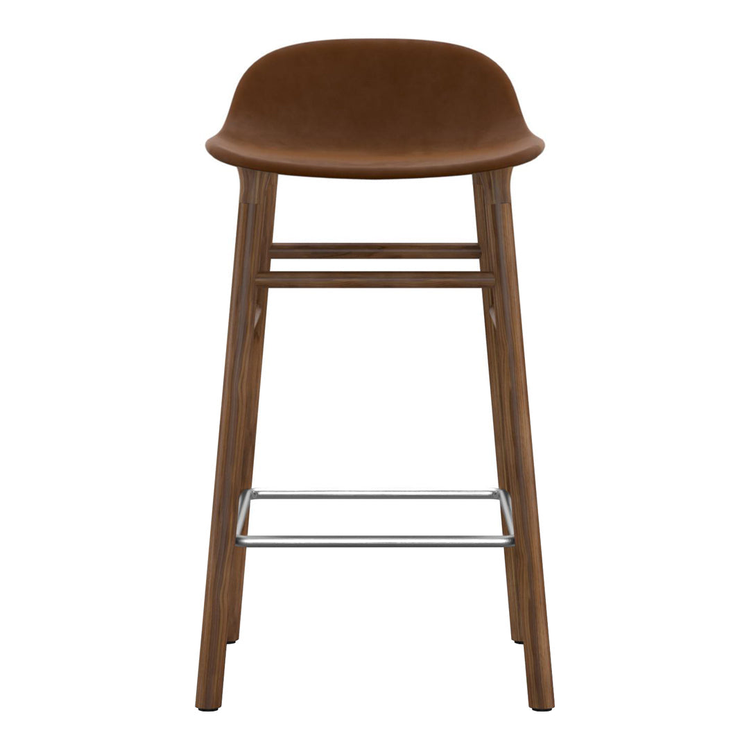 Brown upholstered bar stool with a sleek wooden frame and chrome footrest for a modern look.