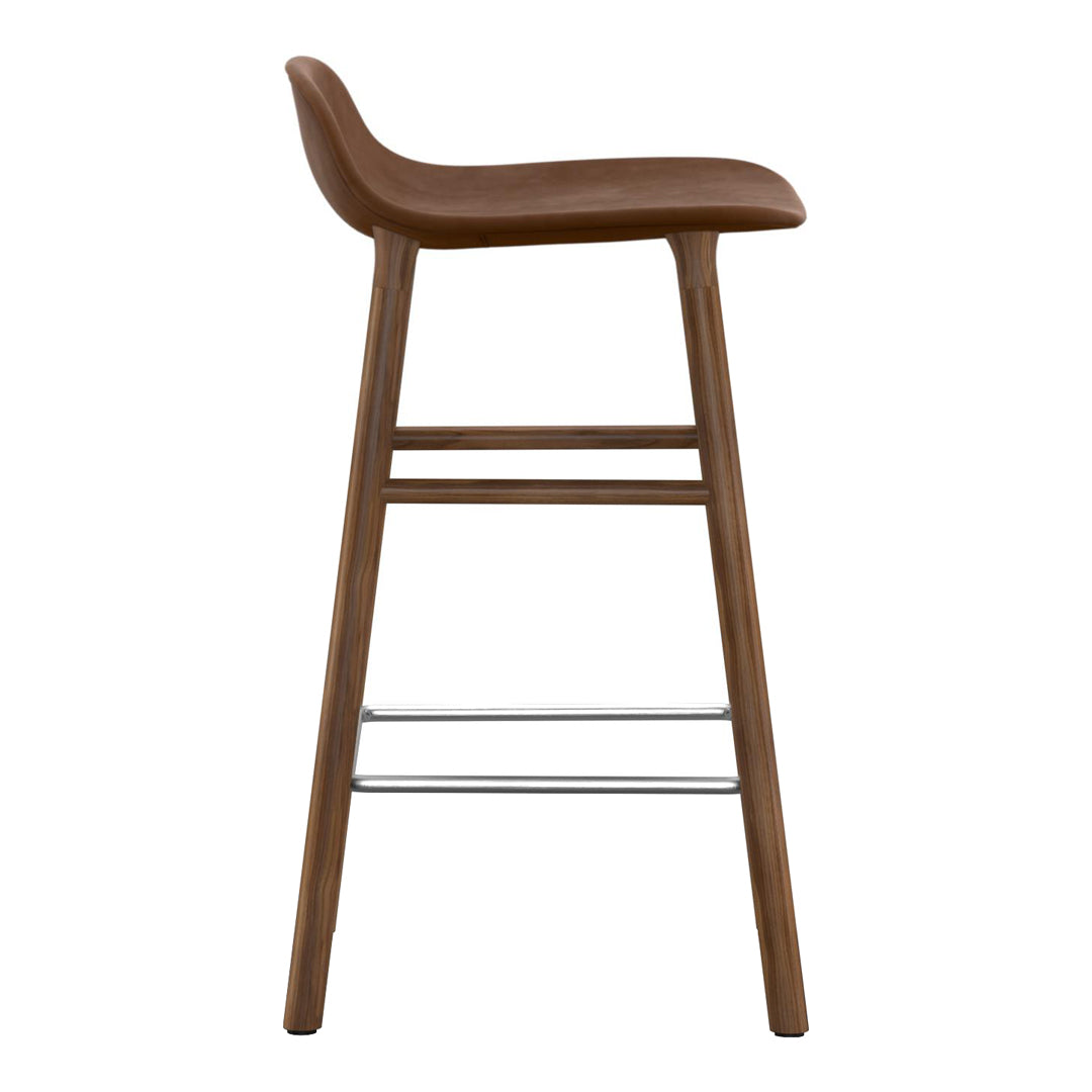 Brown wooden barstool with a smooth, curved seat and simple, minimalist design. Light silver footrest enhances elegance.