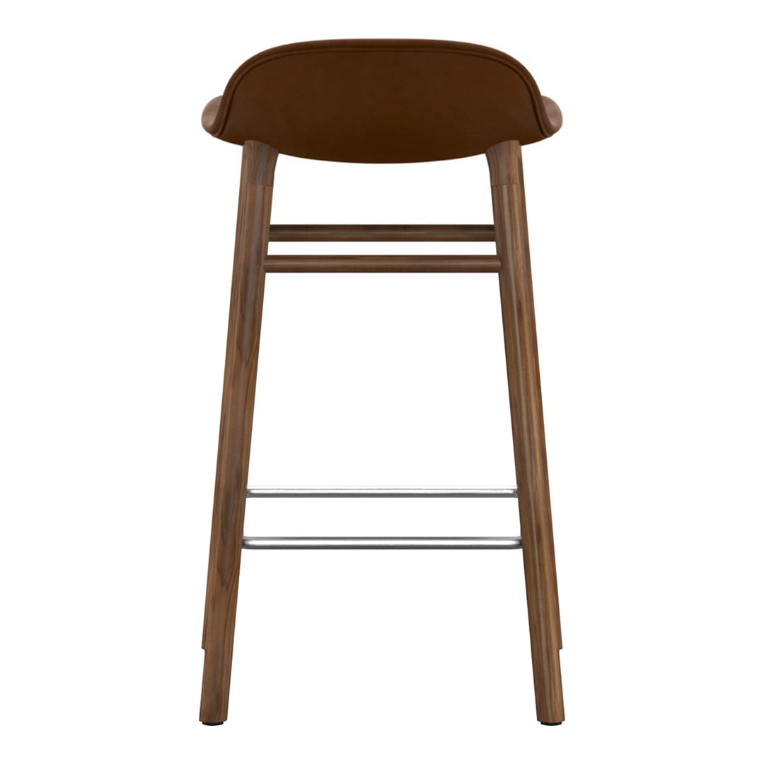 Brown upholstered bar stool with a sleek wooden frame and minimalist design. Perfect for modern aesthetics.