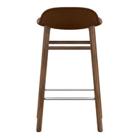 Brown upholstered bar stool with a sleek wooden frame and minimalist design. Perfect for modern aesthetics.