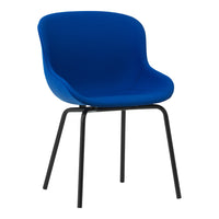 Vibrant blue upholstered chair with a smooth, curved design and sleek black legs. Perfect for modern decor.