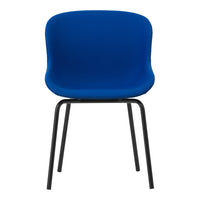 Blue upholstered chair with a smooth, modern design and sturdy black metal legs. Ideal for contemporary spaces.