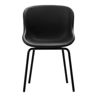 Black chair with a smooth, curved back and sleek, minimalistic design featuring black metal legs. Stylish and modern.