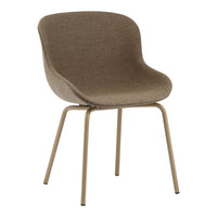 Sleek brown upholstered chair with a smooth finish, featuring gold metal legs for a modern touch.