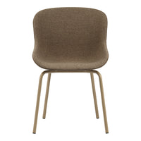 Brown fabric chair with a smooth, curved design and sleek metal legs in a muted tan color.