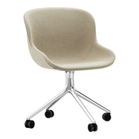 Beige fabric office chair with a smooth, curved design and a chrome base, featuring rolling wheels for easy mobility.