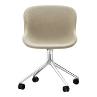 Beige upholstered office chair with a sleek, modern design and a chrome base on rolling casters.