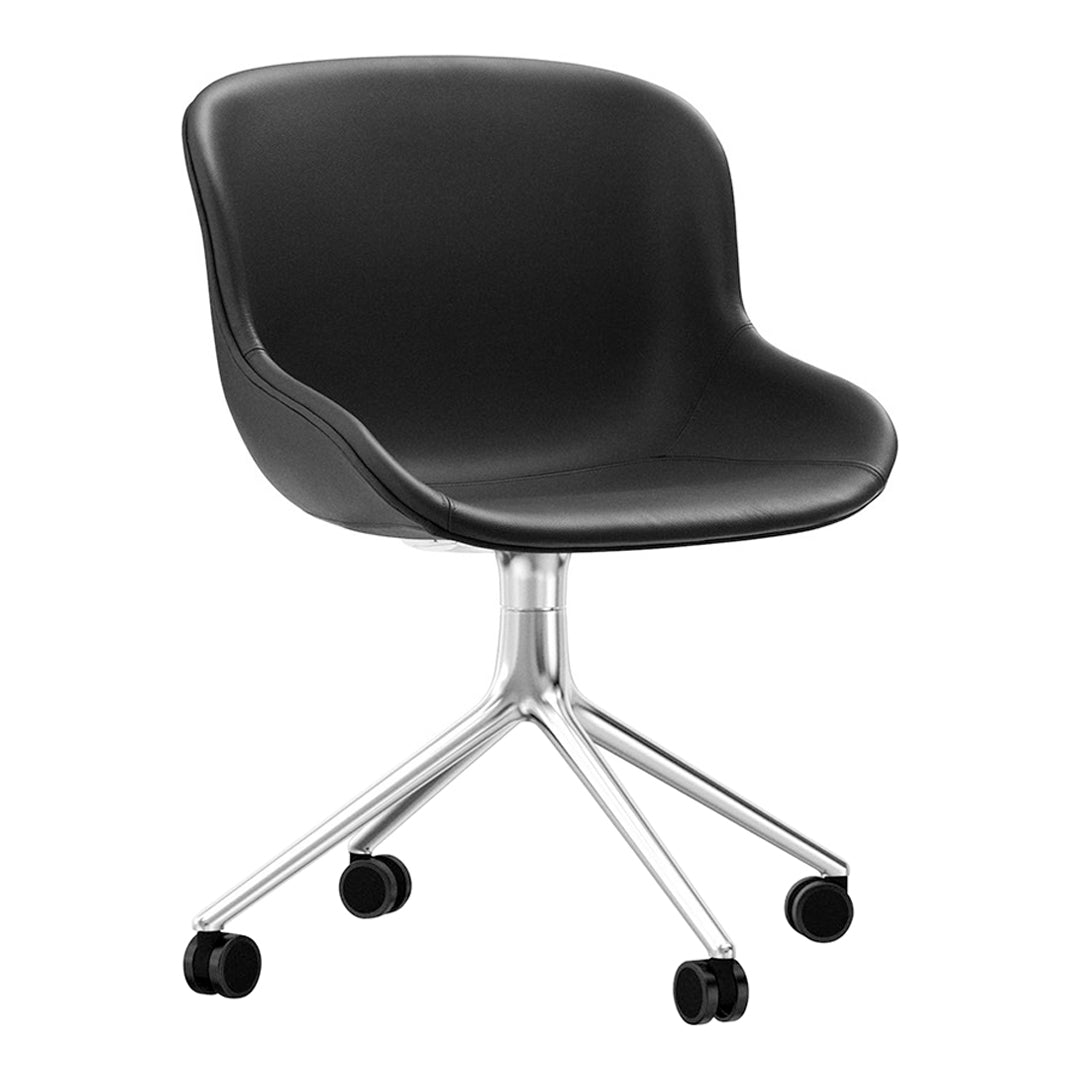 Sleek black faux leather chair with a smooth, curved design and shiny silver five-star base on rolling wheels.