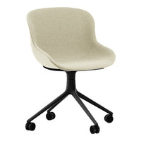 Beige upholstered office chair with a smooth, contoured design and black rolling base. Perfect for modern workspaces.